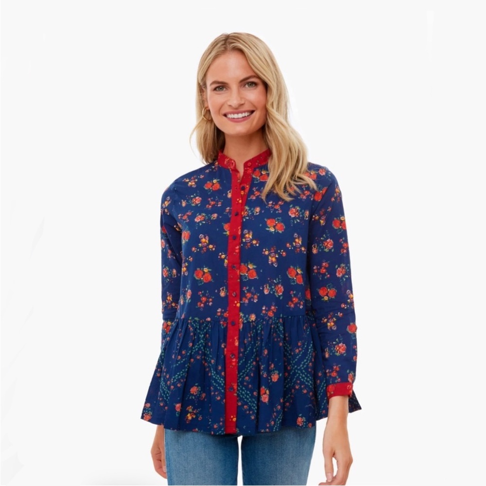 Ro’s Garden Blue Red Floral Tatiana Chanderi Button Front Top